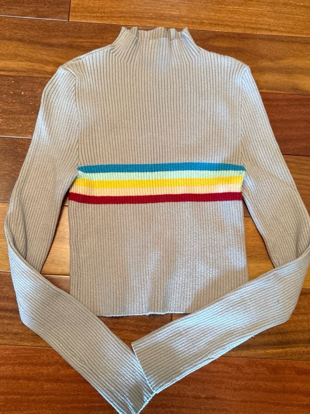 Light Gray Ribbed Mock Neck Sweater with Rainbow Chest Stripe